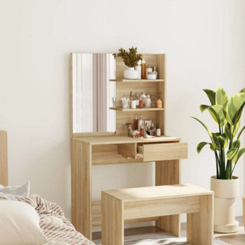 Image of Vidaxl Dressing Table With Mirror Sonoma Oak 74.5X40X141 Cm, Brown 802807