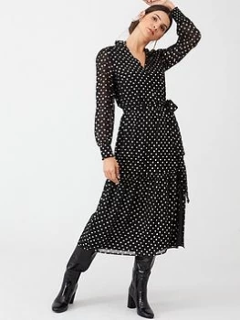 Image of Oasis Foil Spot Tiered Midi Dress - Multi/Black, Multi Black, Size 10, Women
