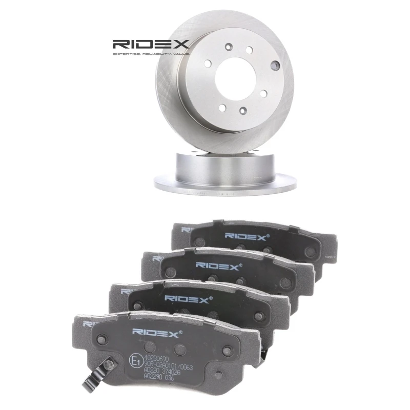 Image of RIDEX 3405B3334 Brake disc and pads set Rear Axle, Brake Disc Type: Solid, with acoustic wear warning Brake Set,disc brakes (3405)