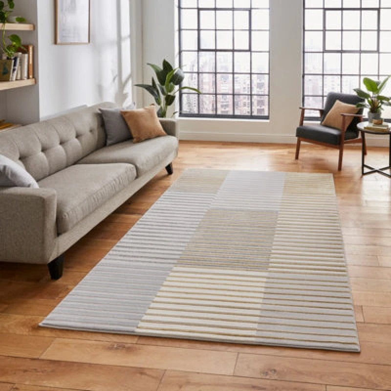 Image of Grey Gold Striped Modern Easy To Clean Dining Room Rug-120Cm X 170Cm