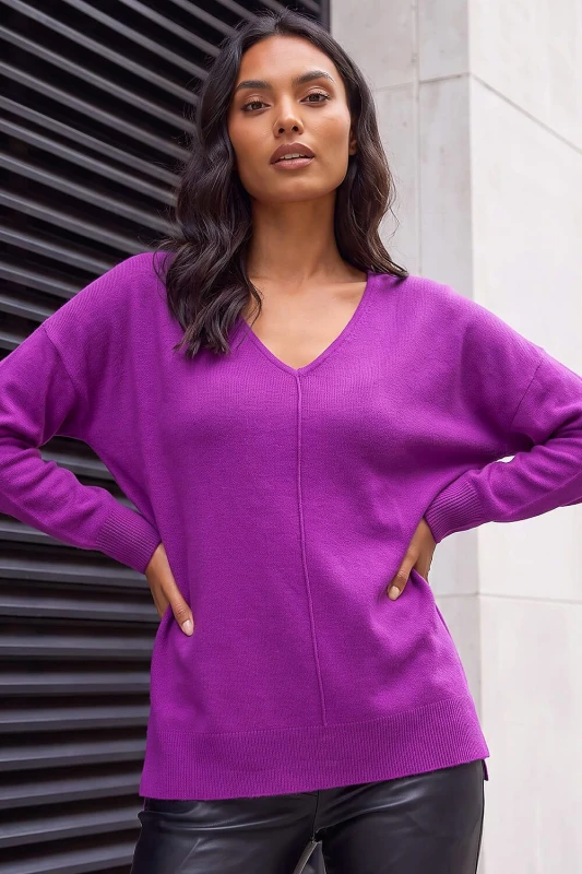 Image of Roman Womens Soft V-Neck Side Split Knit Sweater in Plum Size: 10 Plum Female 10