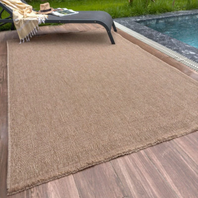 Image of THE RUGS Jute Looking Square Dots Design Outdoor Rugs in Neutral for Garden Patio Nature 5300N in Natural Size: 80cm x 150cm Natural Unisex 80 cm
