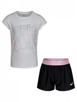 image of Nike Younger Girls Practice Perfect 2 Piece Short Sleeve T-Shirt and Shorts Set - Black, Size 2-3 Years, Women