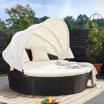 Image of Poly Rattan Sun Day Bed - Ø 185cm - Telescopic Table - 3 Pillows Black