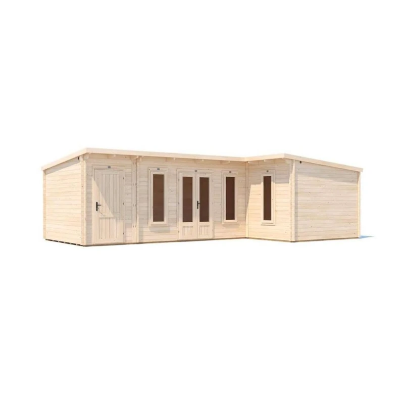 Image of Dunster House L-Shaped Log Cabin Pent Roof 24mm Double Glazed Windows W8M X D5M / W27'4" X D16'6" Hellwolf