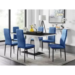 Image of Furniture Box Giovani 6 Black Dining Table and 6 Navy Velvet Milan Black Leg Chairs