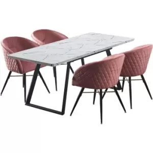 Image of 5 Pieces Life Interiors Vittorio Toga Dining Set - an Extendable White Rectangular Wooden Dining Table and Set of 4 Pink Dining Chairs - Pink