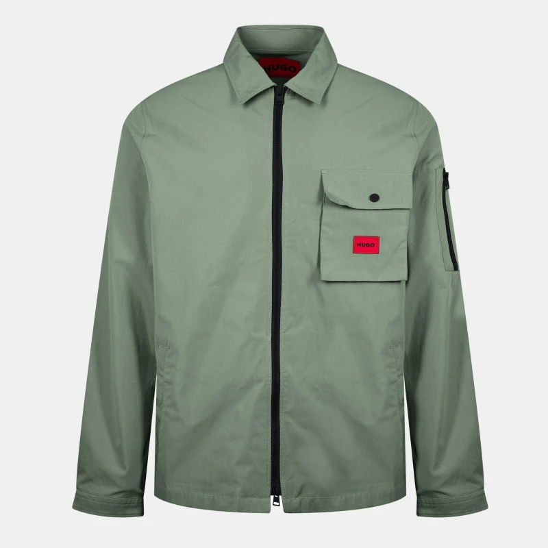 Image of Hugo Mens Emmond Red Cotton Long Sleeve Zip Overshirt Open Green 391 male L
