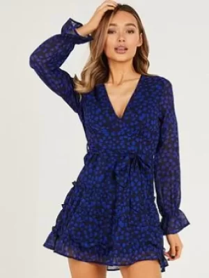 Image of Quiz Dalmatian Print Skater Dress, Dark Blue, Size 12, Women
