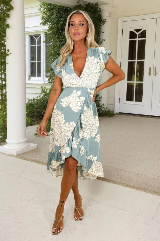 Image of AX Paris Womens Duck Egg & Cream Floral Print Frill Hem Wrap Midi Dress in Blue Size: 12 Blue Female 12