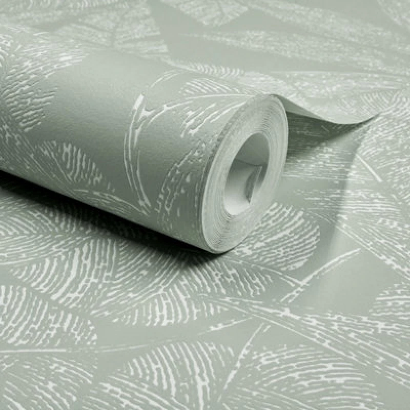 Image of Grandeco Lorena Sketch Leaves Blown Vinyl Wallpaper, Sage