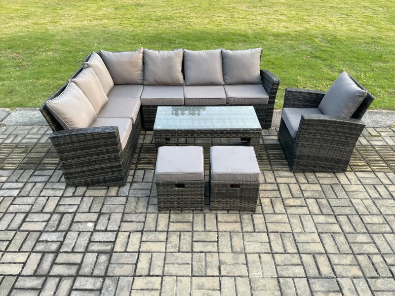 Image of Fimous 9 Seat Rattan Garden Furniture Corner Sofa Set Outdoor Patio Sofa Chair Table Set with 2 Small Footstools in Dark Grey Dark Grey Unisex