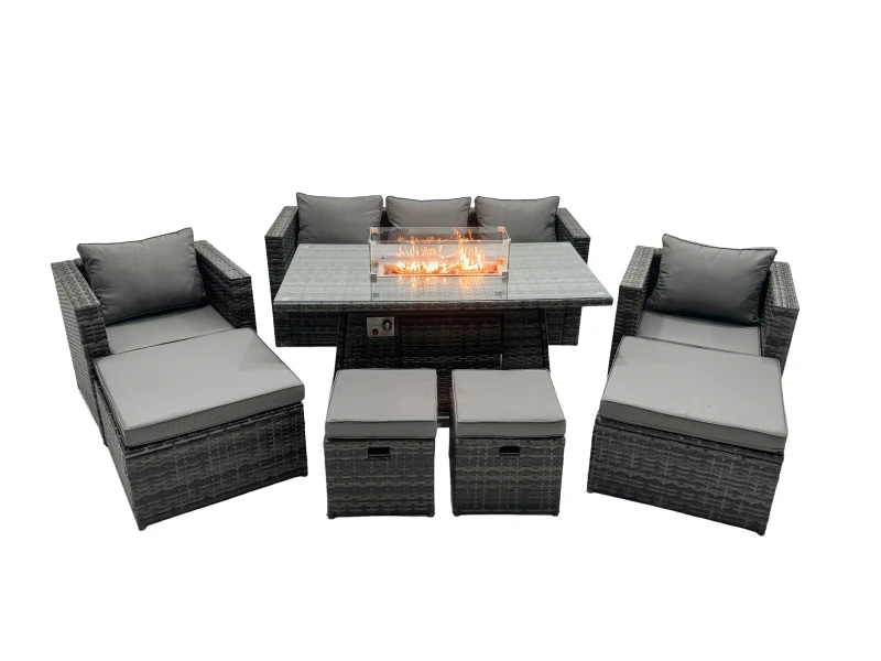 Image of Fimous Rattan Garden Furniture Firepit Dining Set 9 Seater Lounge Sofa Table Set with 2 big Footstool Dark Grey