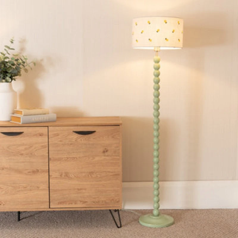 Image of ValueLights Bobbins Sage Green Floor Lamp with Lemon Embroidered Drum Lamp Shade Pale Green