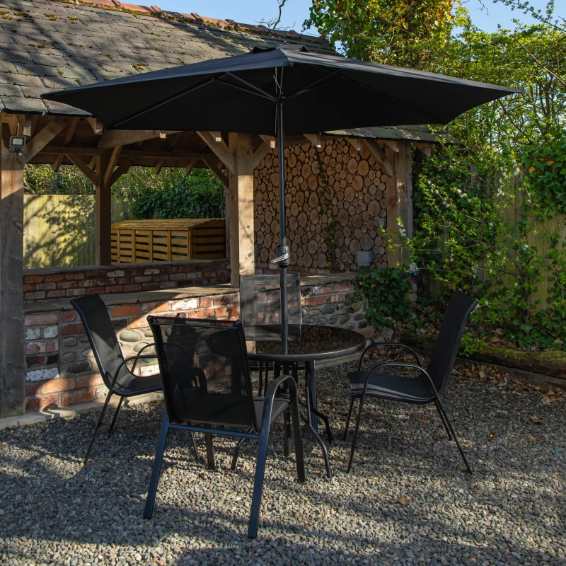 Image of Outdoor 4 Person Round Glass Top Garden Dining Table Chairs With Black Parasol and Base Set