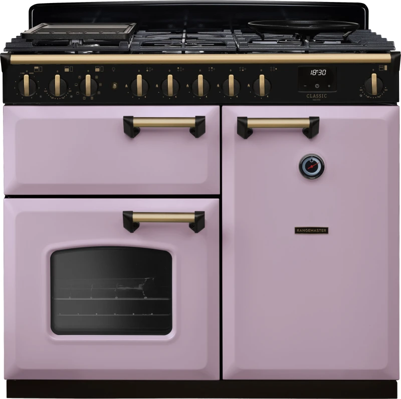 Image of Rangemaster Classic Deluxe 100 Dual Fuel CLDL100DFPHTH/AB1 100cm wide Dual Fuel Range Cooker with Gas Hob - Heather / Chrome - A Rated