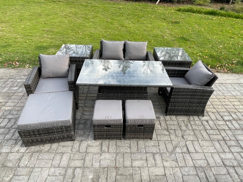 Image of Fimous High Back Rattan Garden Furniture Sofa Sets with Height Adjustable Rising Lifting Table 2 Side Tables 3 Footstools in Dark Grey Dark Grey Unise
