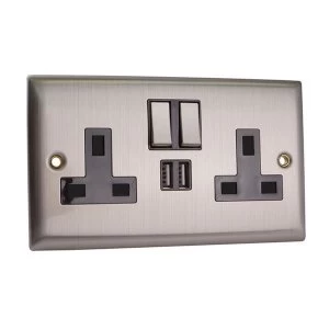 Image of SMJ Switched Socket 2-Gang 13A with 2 x USB Brushed Steel
