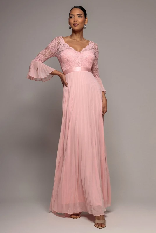 Image of Goddiva Womens Scalloped Lace Bodice Pleated Chiffon A Line Maxi Dress in Light Pink Size: 8 Light Pink Female 8