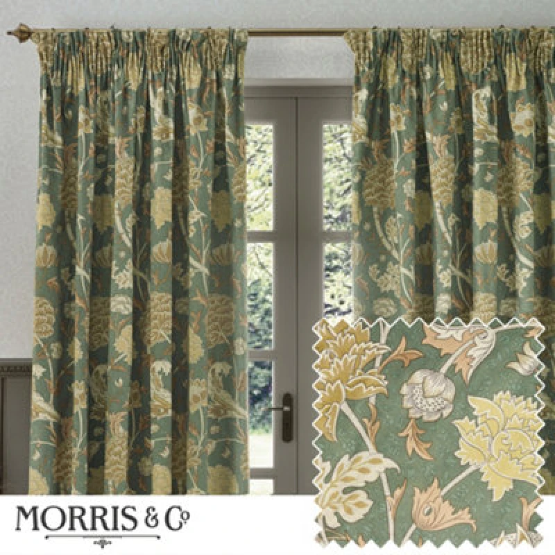 Image of Morris & Co Morris & Co Cray Floral Velvet Room Darkening Pencil Pleat Curtains in Green Size: 117cm width x 137cm drop Green 117cm width x 137cm dr