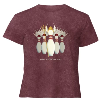 Image of The Big Lebowski Pin Girls - Womens Cropped T-Shirt - Burgundy Acid Wash - XXL - Burgundy Acid Wash