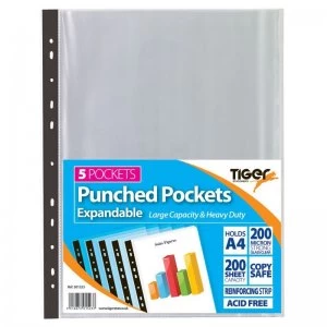 image of Tiger A4 Expandable Punched Pockets PK5