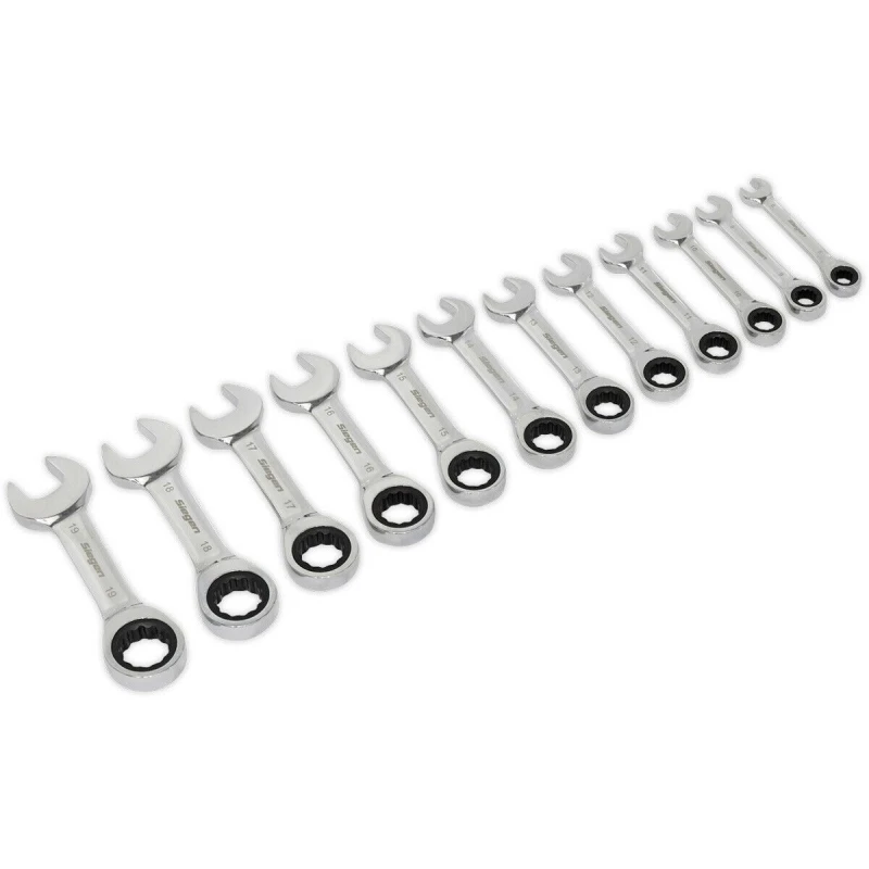 Image of Loops 12pc STUBBY Short Ratchet Combination Spanner Set 12 Point Metric Ring Open Head Multi