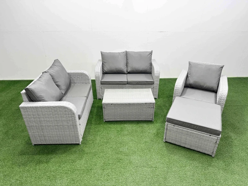 Image of Fimous High Back Poly Rattan Garden Furniture Set with Reclining Chair Loveseat Sofa Rectangular Coffee Table Indoor Outdoor Patio Set Big Stool Ligh