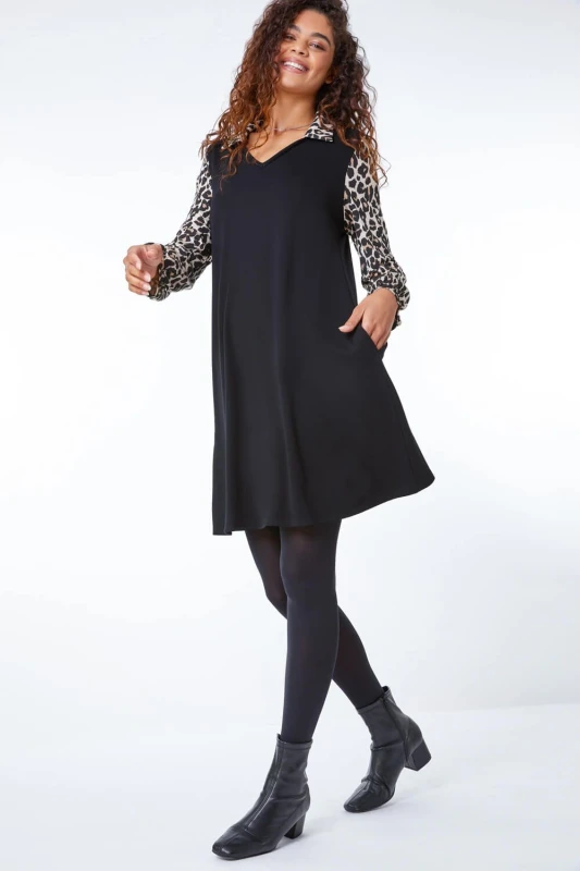 Image of Roman Contrast Leopard Print Swing Dress Black