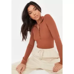 Missguided Button Detail Rib Bodysuit - Brown