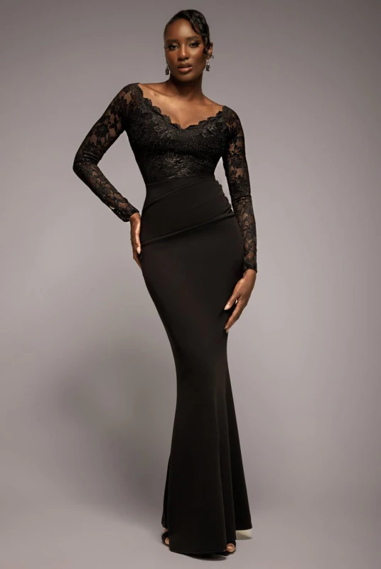 Image of Goddiva Womens Scalloped Lace Bodice Long Sleeve Bardot Maxi Dress in Black Size: 10 Black Female 10