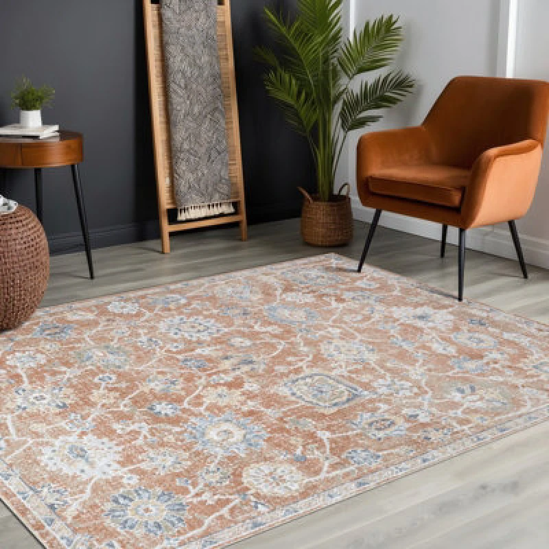 Image of Livabliss Machine Washable Oriental Boho Burnt Orange Ruby Area Rug 160 X 213cm - Easy Care, Non Shedding, Ideal For Living Room & Bedroom
