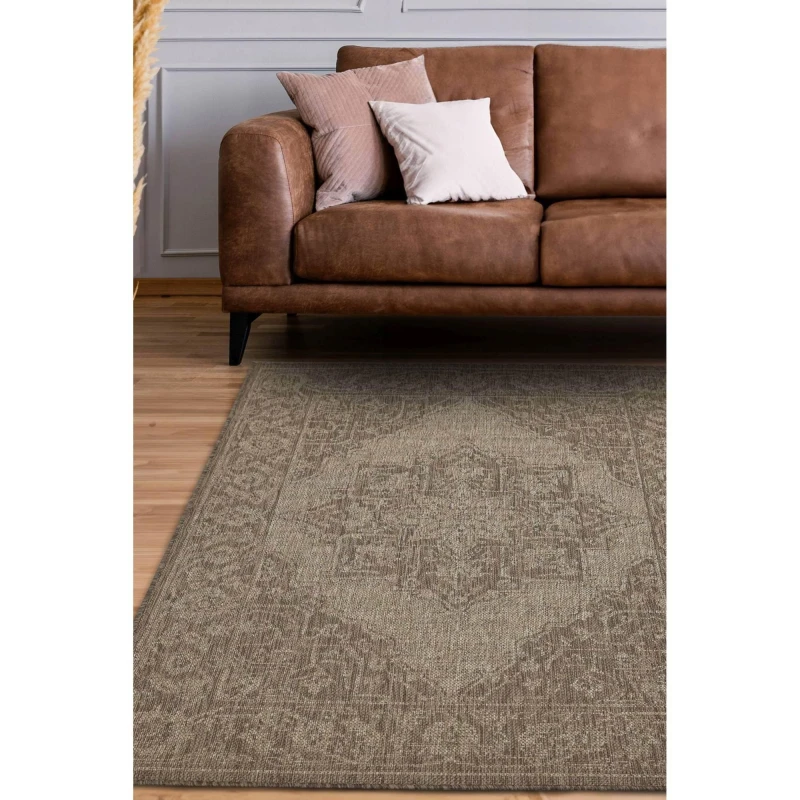 Image of Melrose County Sisal Inspired Traditional Medallion Large Latte Non-Slip Area Runner Rug 60/230Cm