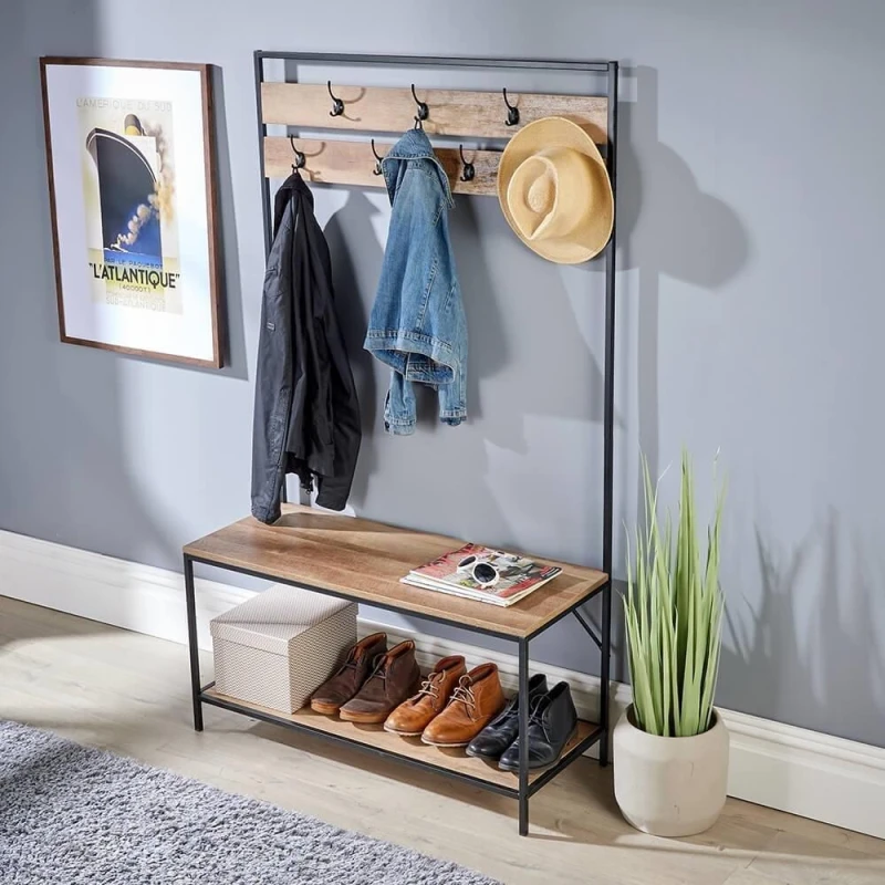 Image of Home Source Oakmere Hallway Coat Hook Shoe Storage Bench Light Tan