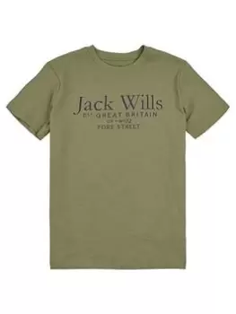 image of Jack Wills Boys Script Short Sleeve T-Shirt - Olivine, Khaki, Size 10-11 Years