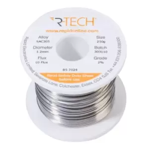 image of R-TECH 857024 SAC305 Solder 2% L0 Flux Halide-Free 1.2mm 250g Reel