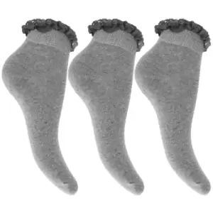 image of Childrens Girls Ruffled Trim School Socks (Pack Of 3) (UK Shoe 12.5-3.5 , Euro 31-36 (Age: 8-12 years)) (Grey)