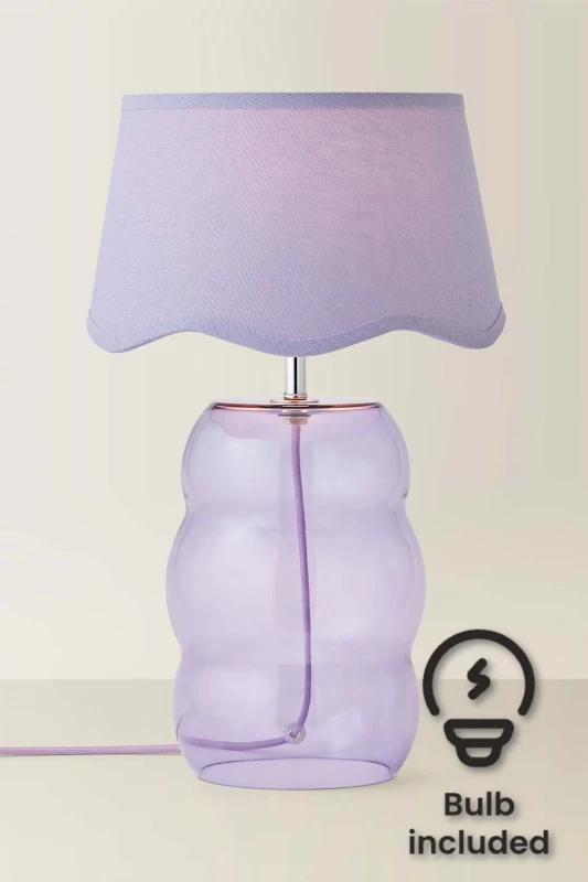Image of ValueLights Lolly Lilac Glass Bubble Table Lamp with Lilac Scallop Shade & Bulb Lilac Unisex