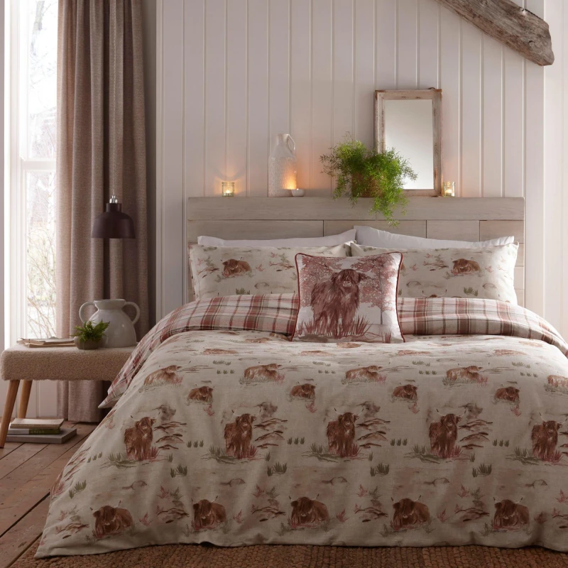 Image of Dreams and Drapes Lodge Hanson Highland Cow Terracotta Duvet Cover Pillowcase Set Terracotta