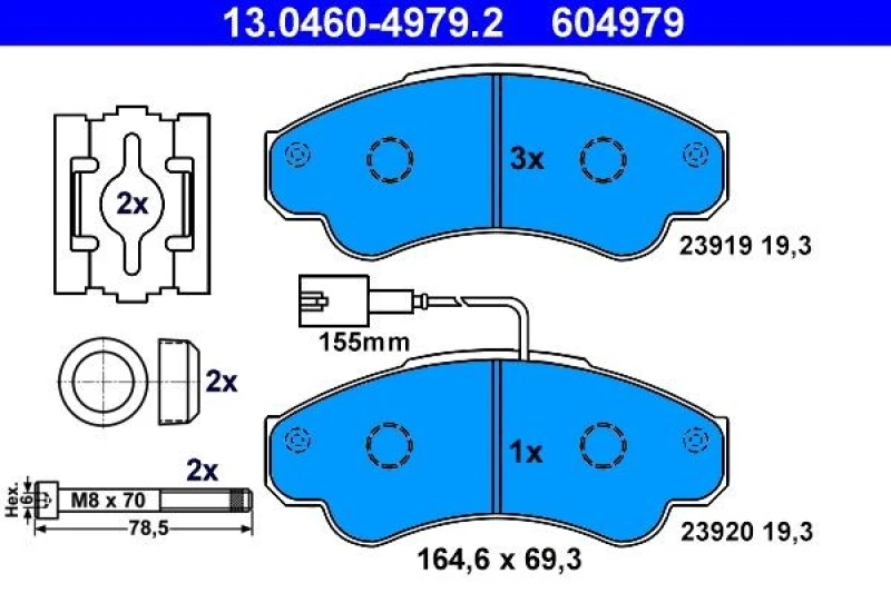 Image of ATE 13.0460-4979.2 Brake pad set incl. wear warning contact, with accessories, with brake caliper screws Brake Pad Set,disc brake (402)