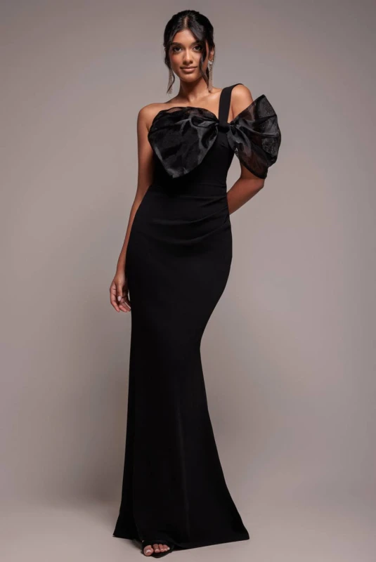 Image of Goddiva Womens Organza Bow One Shoulder Scuba Crepe Maxi Dress in Black Size: 16 Black Female 16