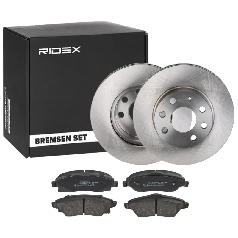 Image of RIDEX 3405B1782 Brake disc and pads set with accessories, Front Axle, Brake Disc Type: internally vented, with acoustic wear warning, without wheel hu