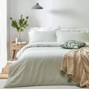 Image of The Linen Yard Hebden Stripe Melange Print 100% Cotton Reversible Duvet Cover Set, Eucalyptus, King