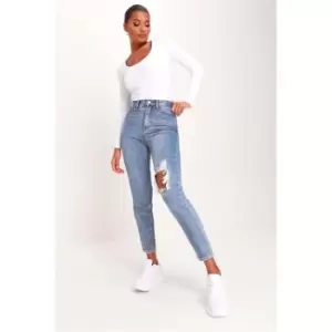 image of I Saw It First Mid Wash Ripped Knee Mom Jeans - Blue