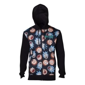 Image of Rick And Morty - Character Faces Pattern Sublimation Print Mens Large Hoodie - Black