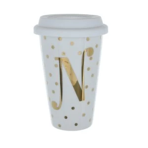 Image of Initials N Double Walled Travel Mug With Silicone Lid - Gold Spots