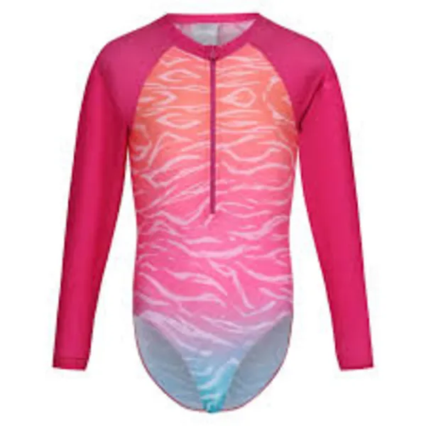 image of Regatta Girls Long Sleeve Swimming Suit 9-10 Years - Chest 69-73cm (Height 135-140cm) Flamingo Pink/Satsuma Ombre RKM039G-K3L-9