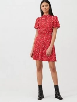 Image of Oasis Ditsy Print High Neck Skater Dress - Red , Multi Red, Size 16, Women