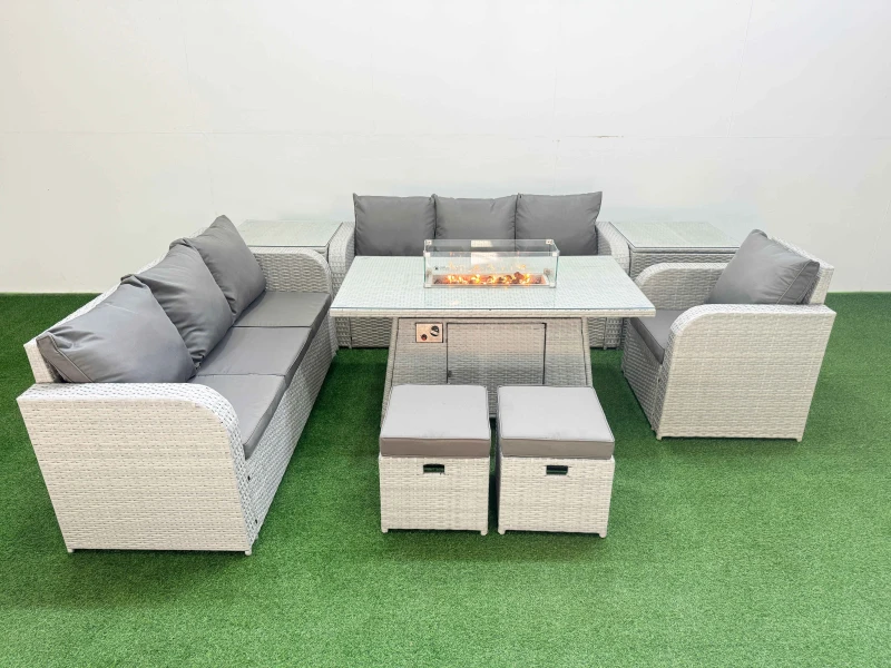Image of Fimous 9 Seater Poly Rattan Outdoor Garden Furniture Firepit Dining Table Sofa Set Patio 3 Seater Sofa Reclining Chair 3 Seater Sofa Stools 2 Side Tab