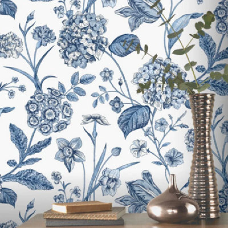 Image of Rasch Hydrangea Floral Tulips Wildflower Flowers Botanical Leaves Leaf Wallpaper Blue